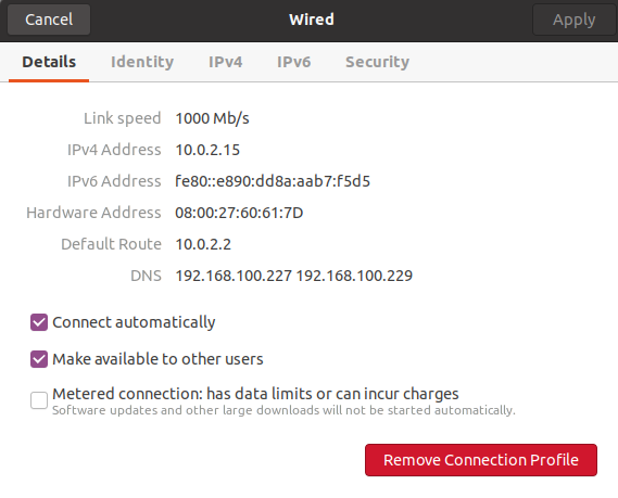 linux 嚮導上的有線詳細資訊