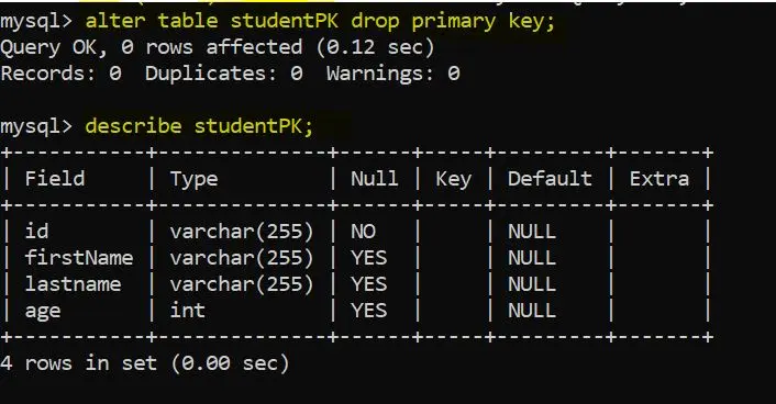 從 studentPk 表中刪除主鍵約束