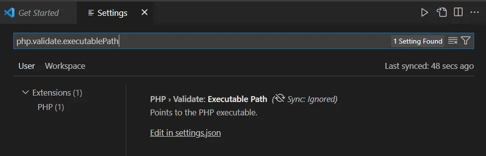 VS Code 中的 PHP 可执行路径设置页面