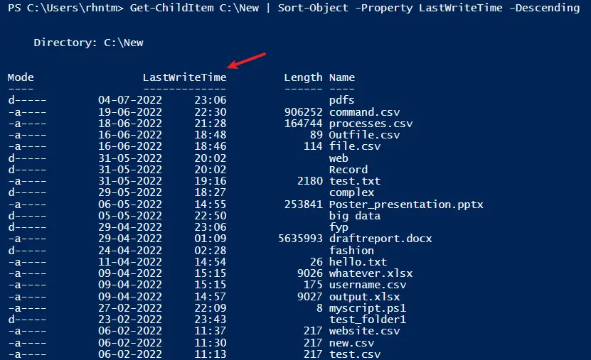 在 PowerShell 中按 LastWriteTime 属性对对象进行排序