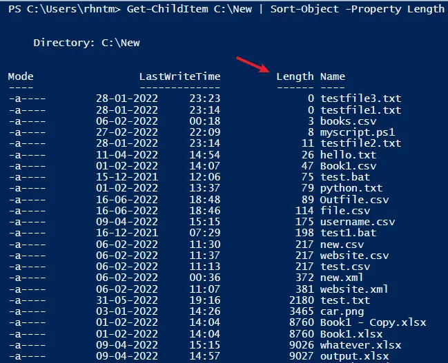 在 PowerShell 中按长度属性对对象进行排序